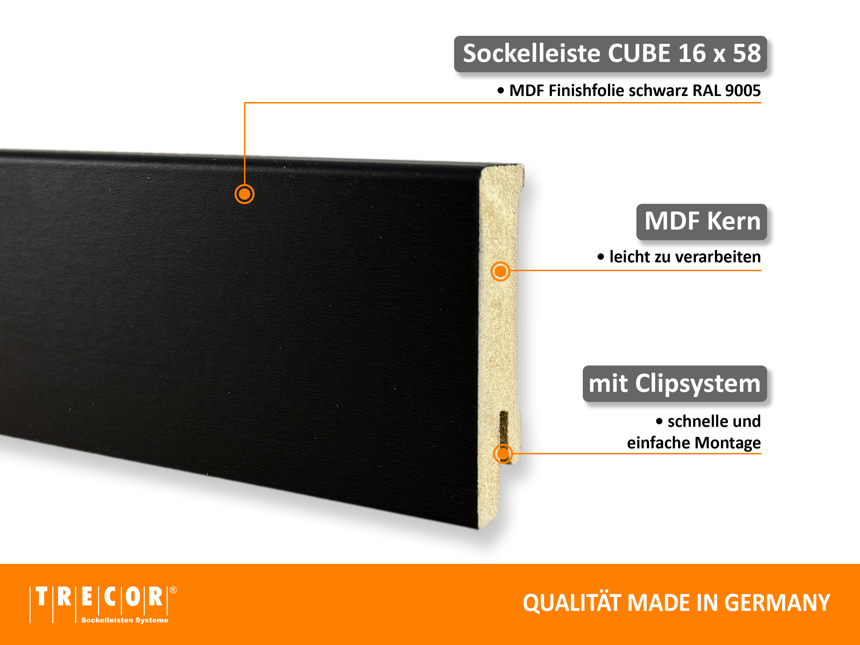 CUBE Sockelleiste Schwarz , Fußleiste 16 x 58 mm in schwarz RAL 9005 - CLIPSTAR Fräsung