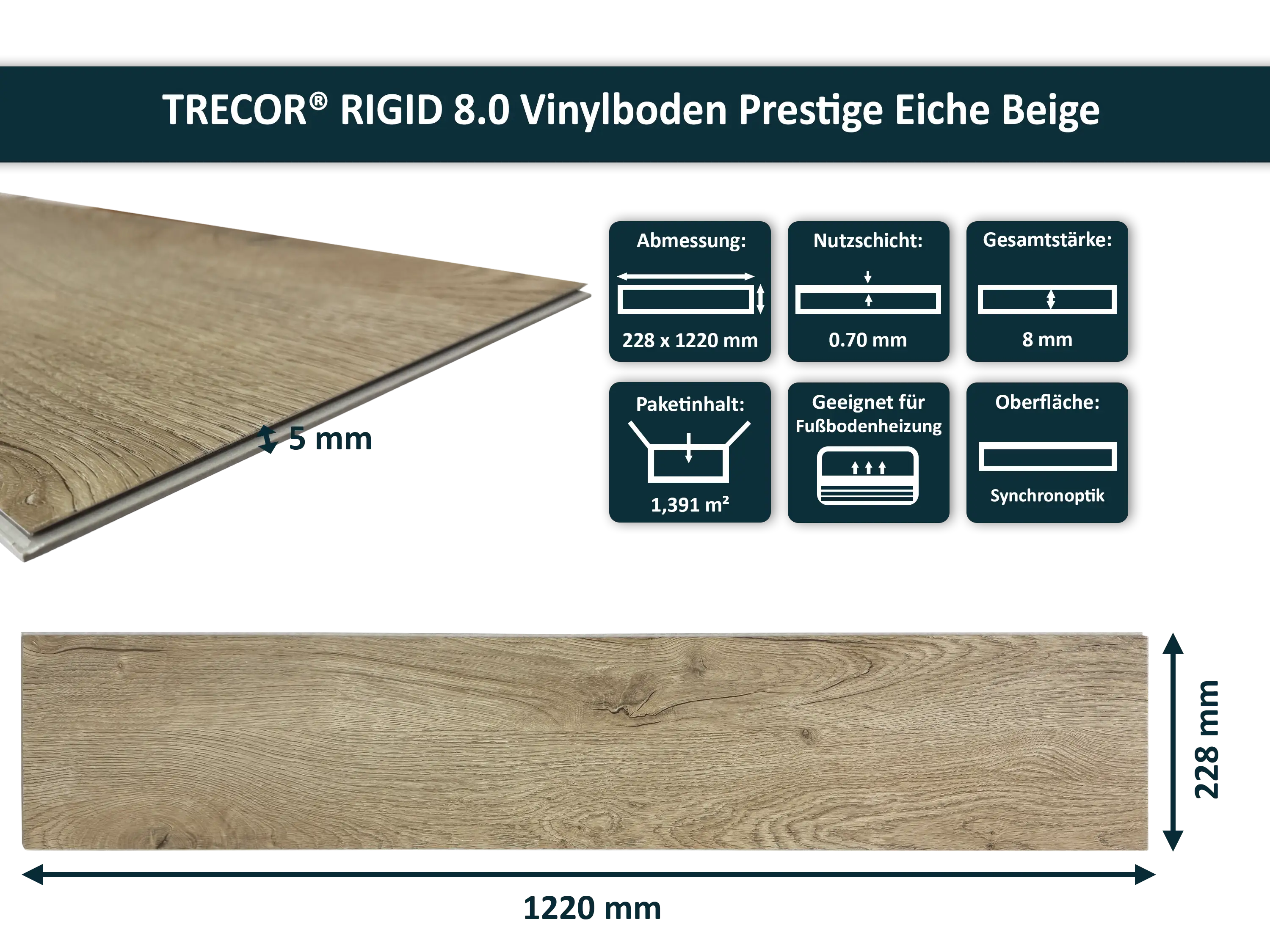 TRECOR® Ultimate Klick Vinylboden RIGID 8.0 Landhausdiele Prestige Eiche Beige 8 mm Stark