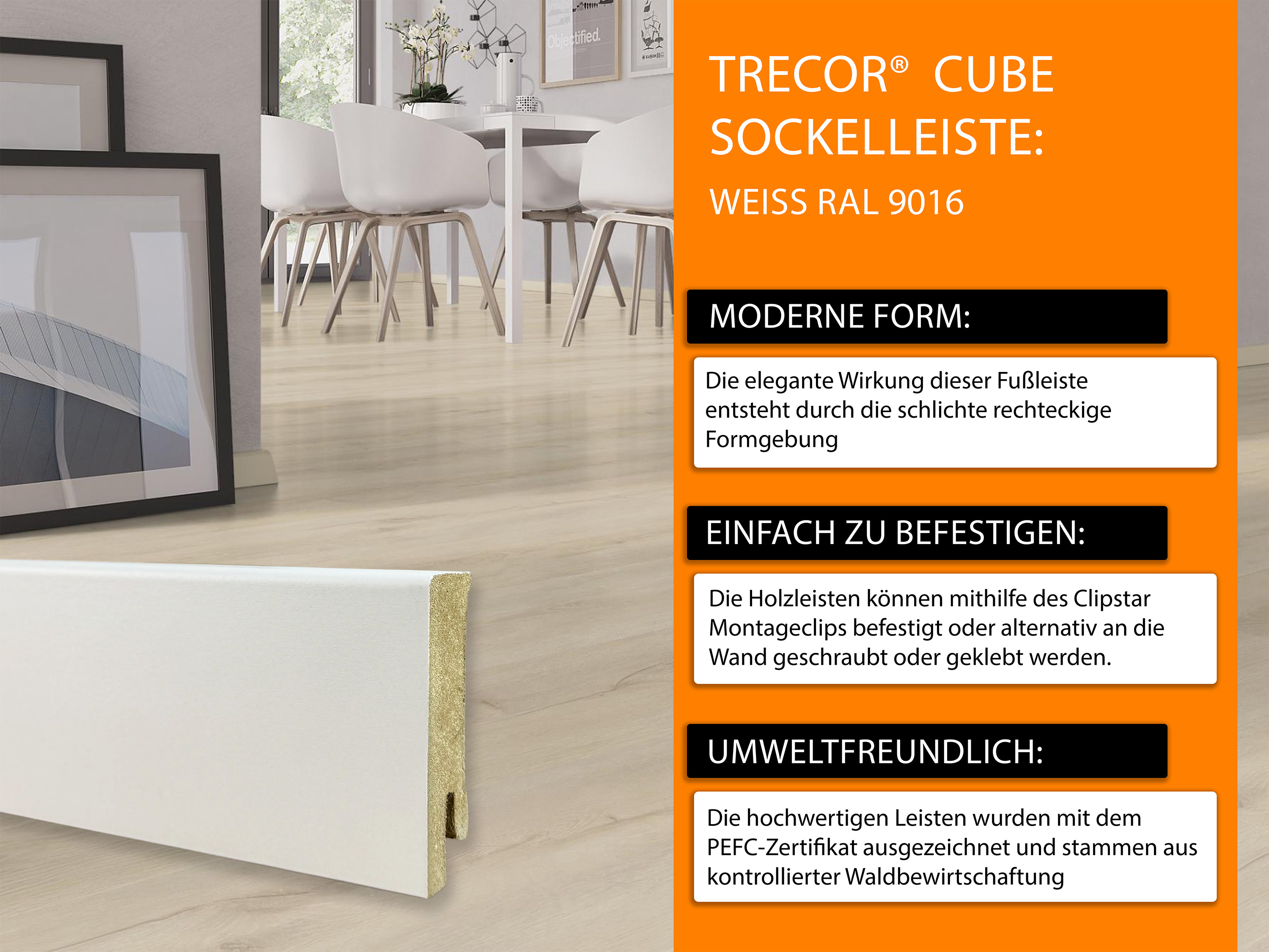 TRECOR® CUBE Sockelleiste, Fußleiste 16 x 58 mm in Weiß RAL 9016 - CLIPSTAR Fräsung