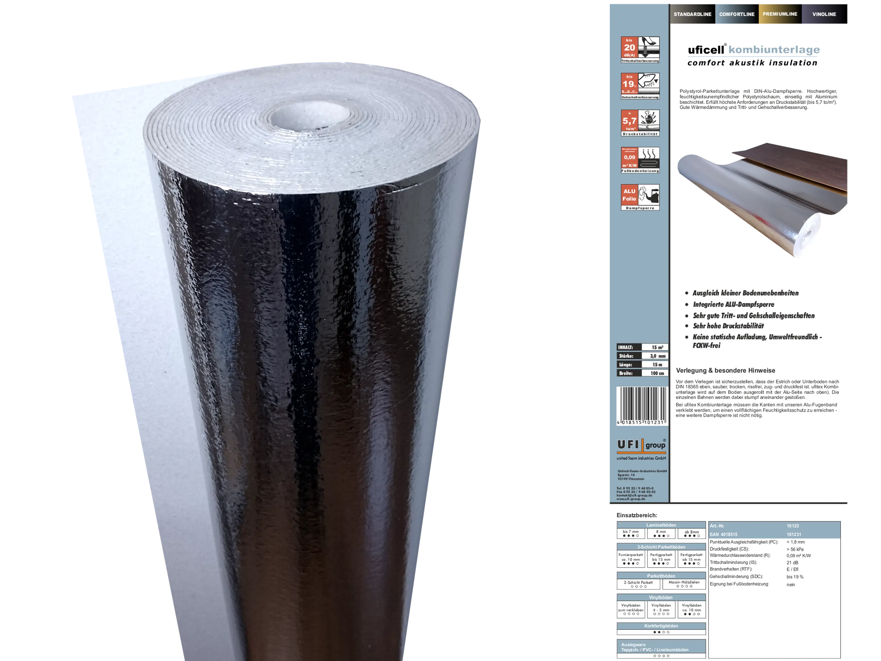 uficell® EPS-KOMBI Polystyrol Parkettunterlage mit DIN-Alu-Dampfbremse Stärke: 3 mm