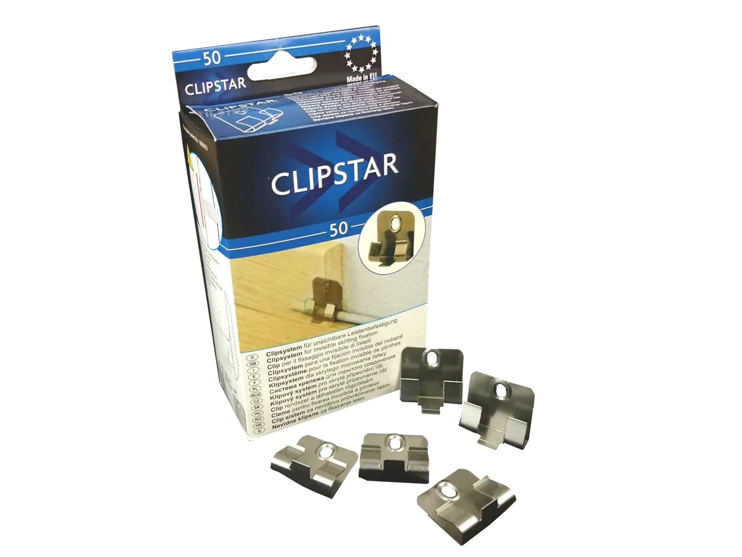 CLIPSTAR® Montageclip / Befestigungsclip für TRECOR® Sockelleisten mit Clipstar Fräsung, 50 er Pack