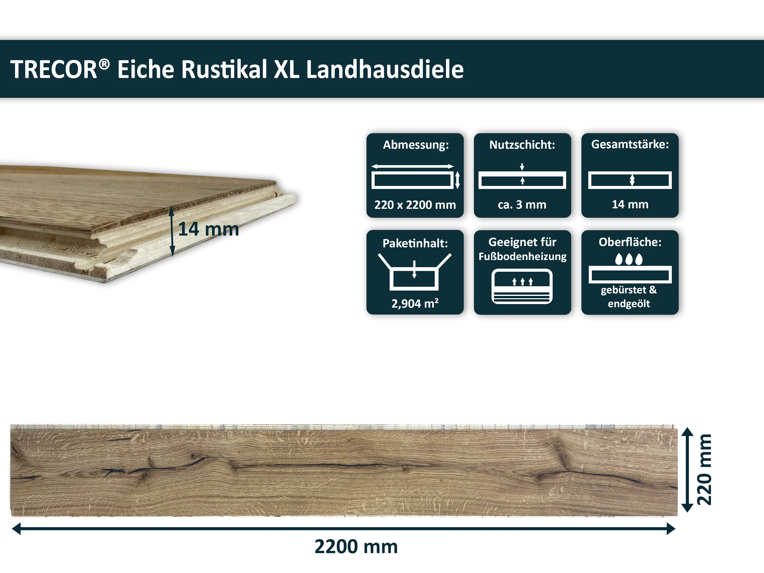 Parkettboden Eiche Rustikal XL Landhausdiele 3 Schicht 220 mm Breit gebürstet & endgeölt, 2G Klicksystem