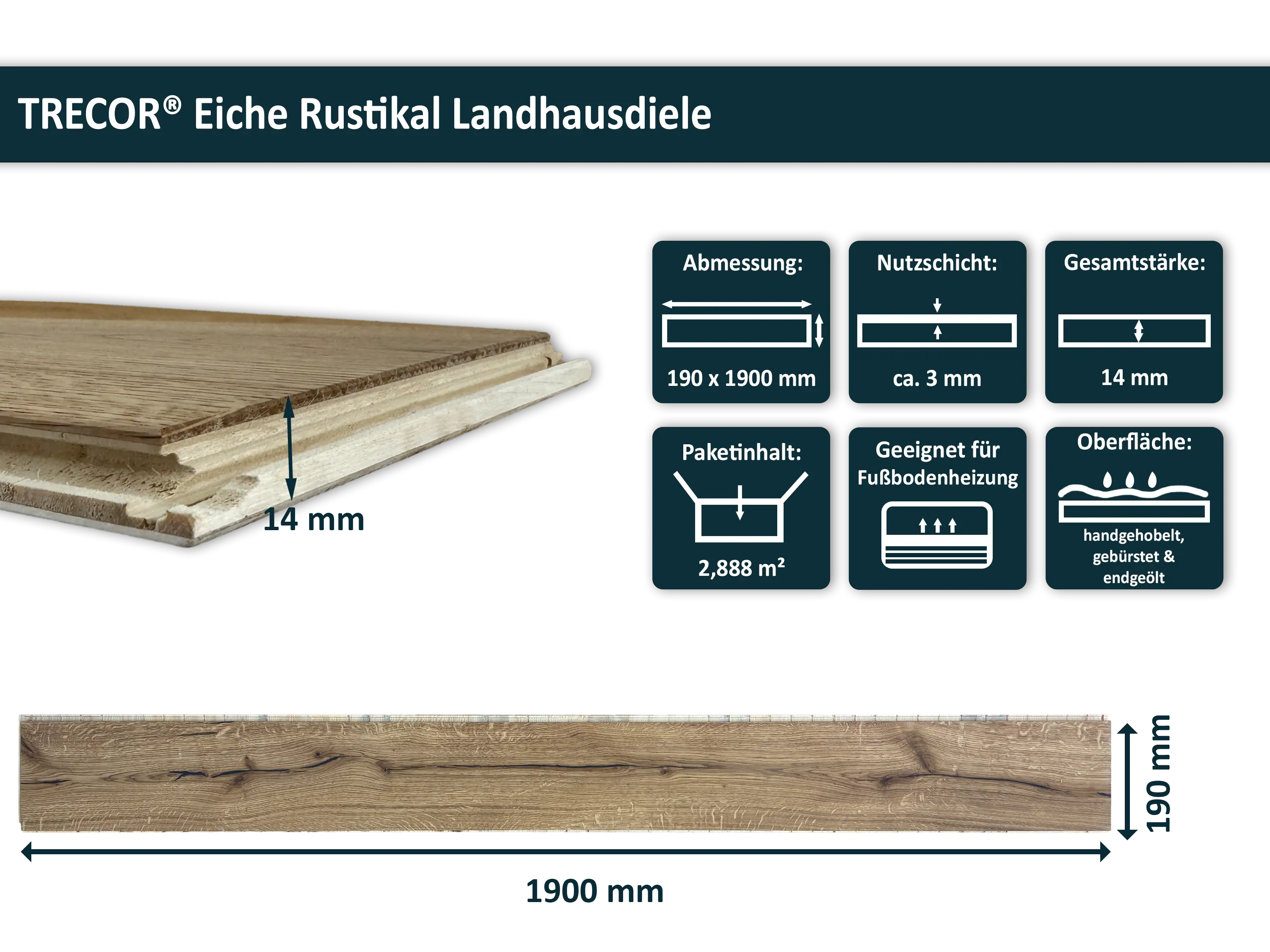 Eiche Rustikal (DE) Parkett Landhausdiele 3 Schicht handgehobelt, gebürstet & Endgeölt, 2G Drop Down