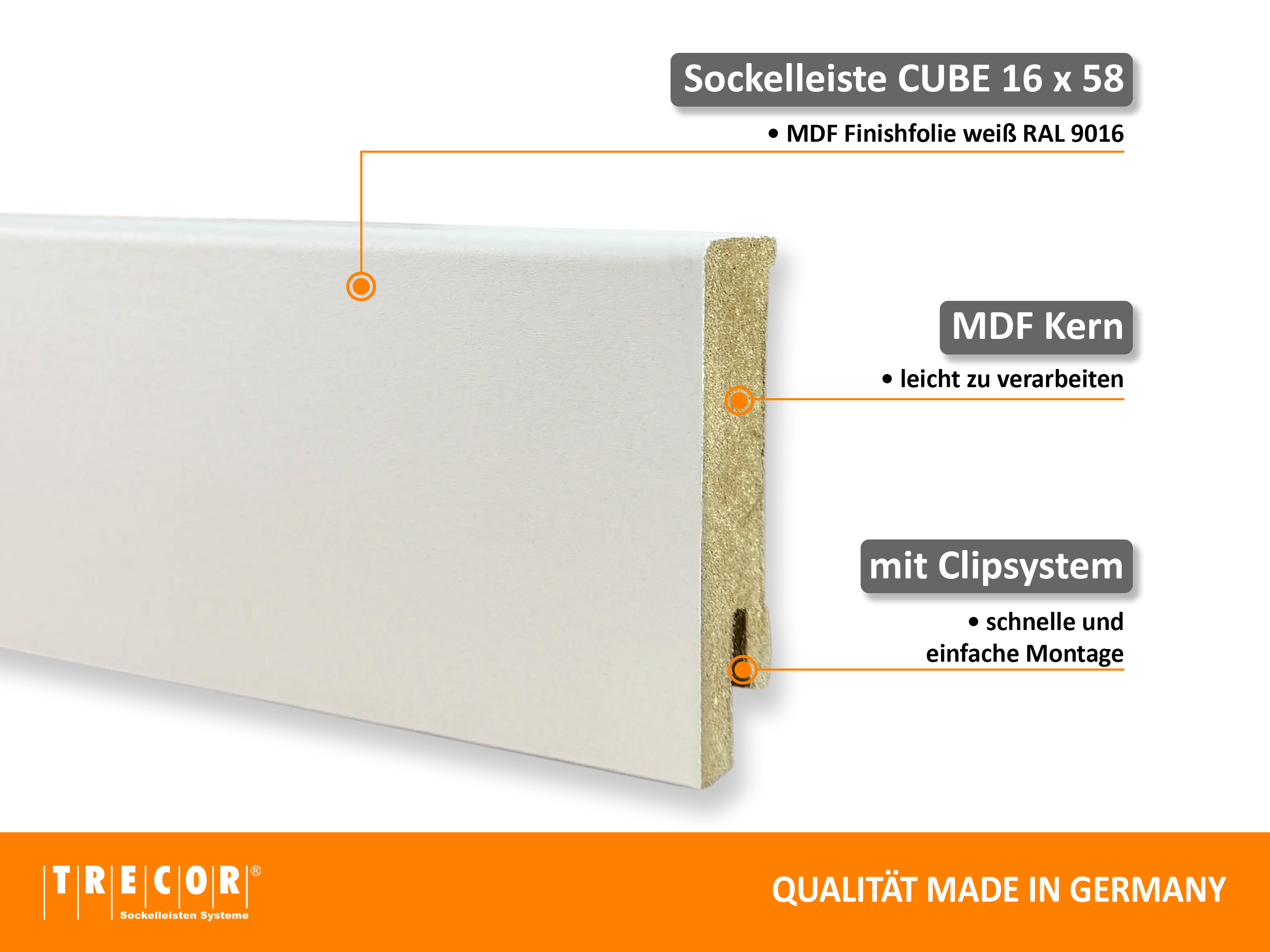 TRECOR® CUBE Sockelleiste, Fußleiste 16 x 58 mm in Weiß RAL 9016 - CLIPSTAR Fräsung